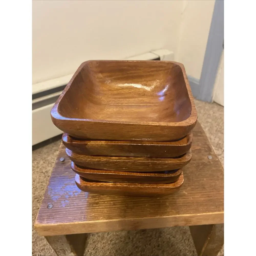 Wooden Salad Bowls Multi Purpose Serving Vintage Setof5 HandTurned MCM 6” Square